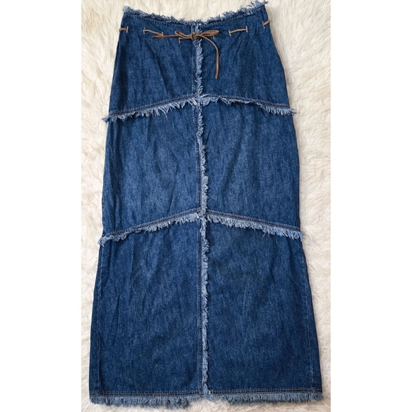 Y2K Vintage Denim Midi Skirt Fringe Patchwork Drawstring Boho Long 90s
